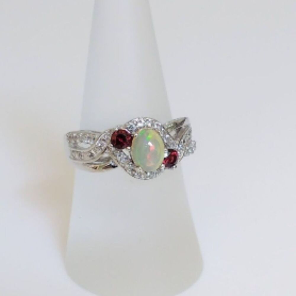 Ethiopian Opal Ring with Red Spinel Size 8